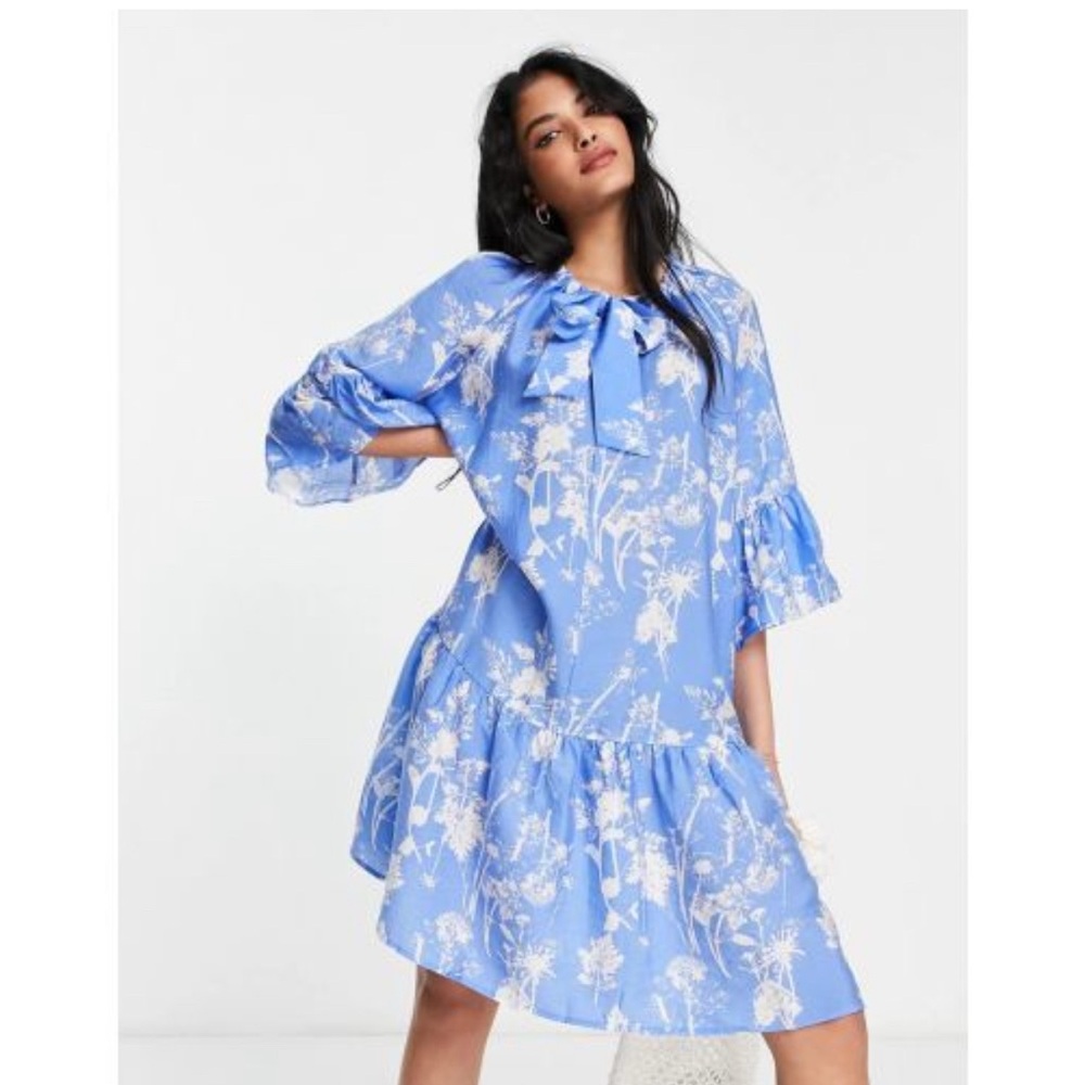 & Other Stories Blue Floral Ruffle Mini Dress – Size S ~ NWOT